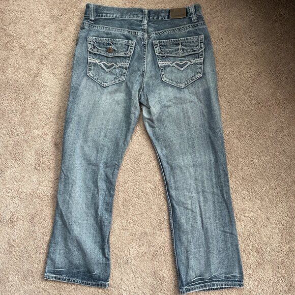 Flypaper Jeans Mens 32x30 Blue Bootcut Thick Stitch Pockets Distressed Flap